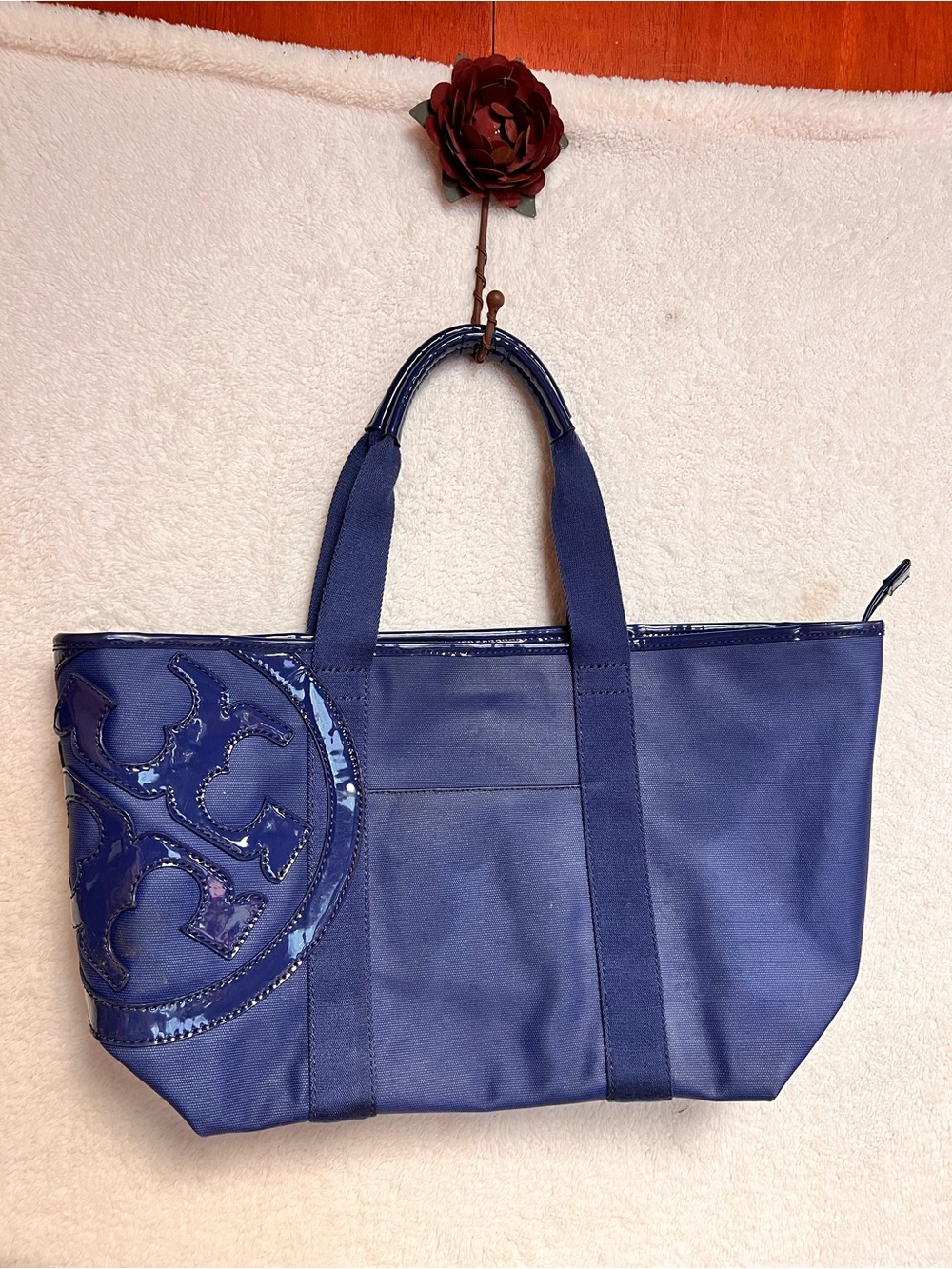 Tory Burch Navy Tote with Glossy Logo Panel
